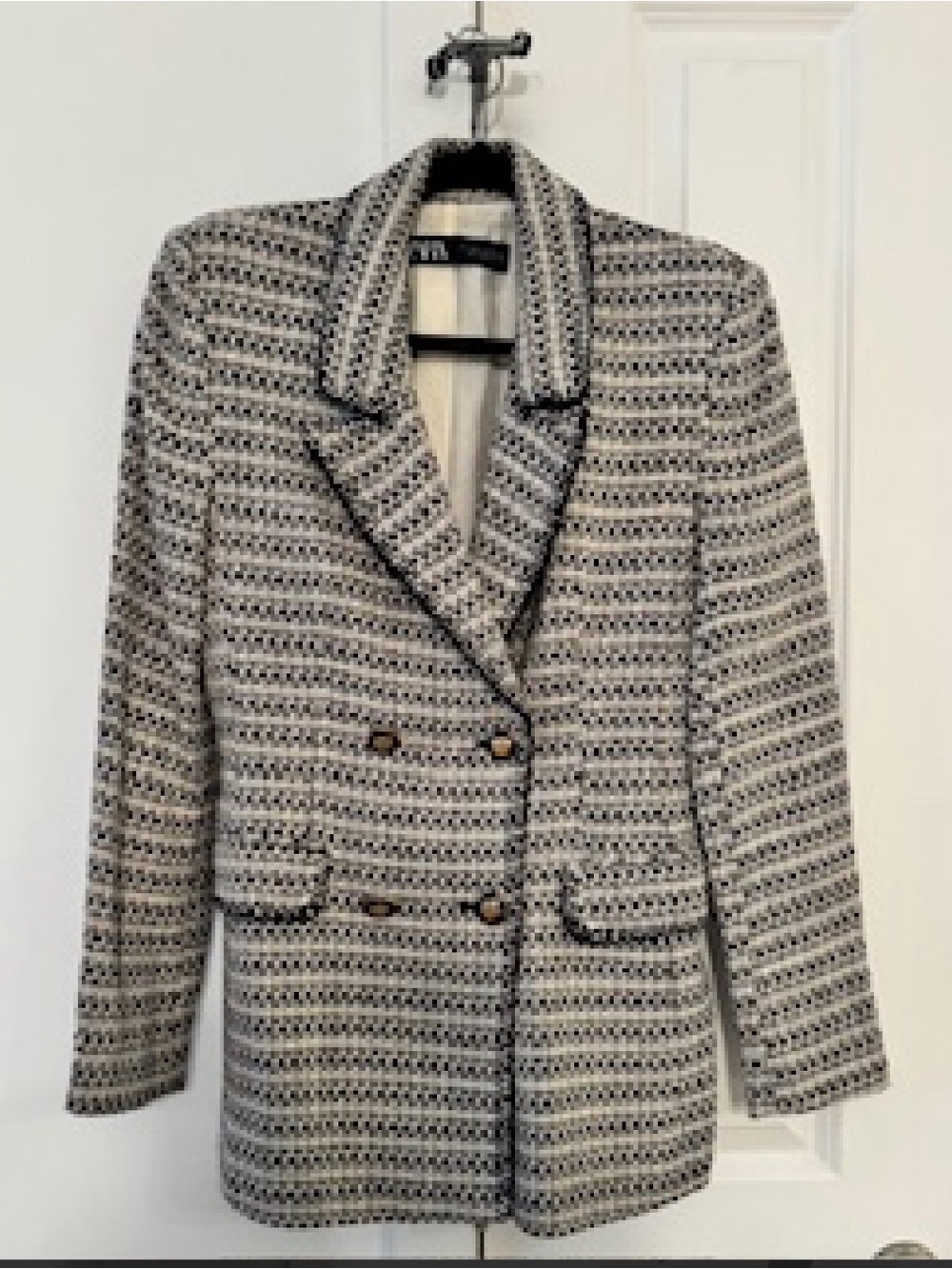 Zara Black & Cream Double-Breasted Tweed Blazer